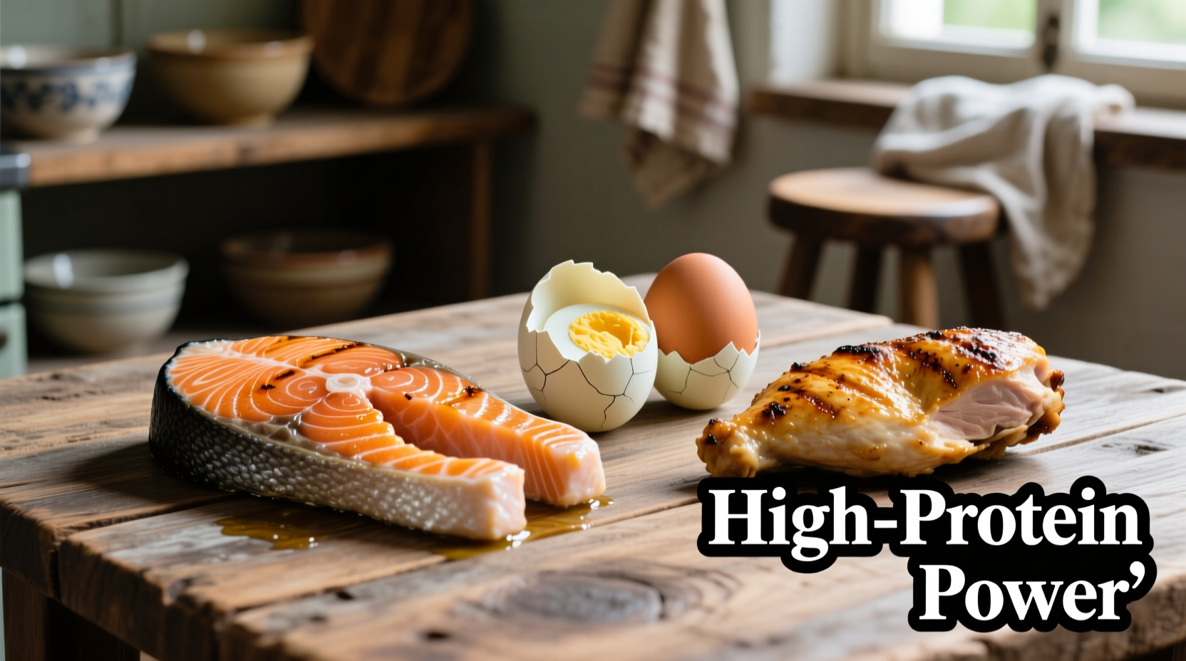 Three high-protein foods on wooden table