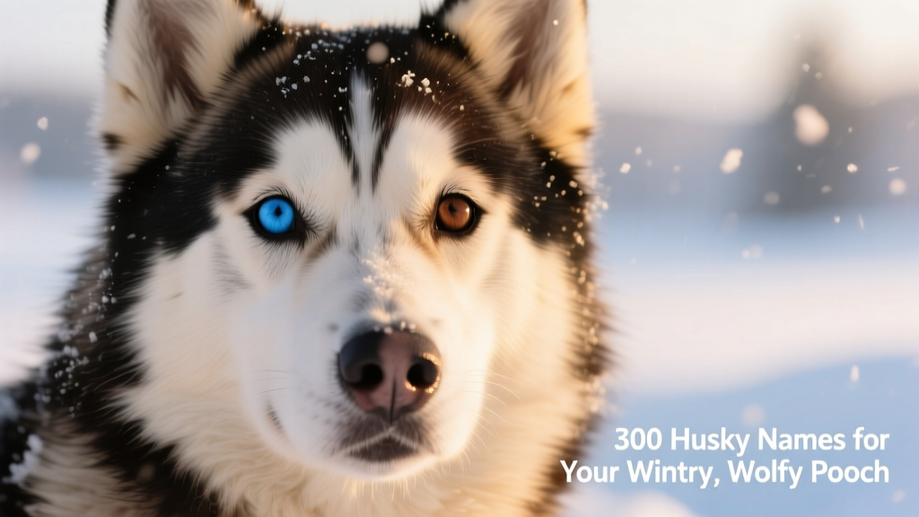 Close-up portrait of a Siberian Husky showing striking heterochromatic eyes—one blue, one brown—with soft snow in the background