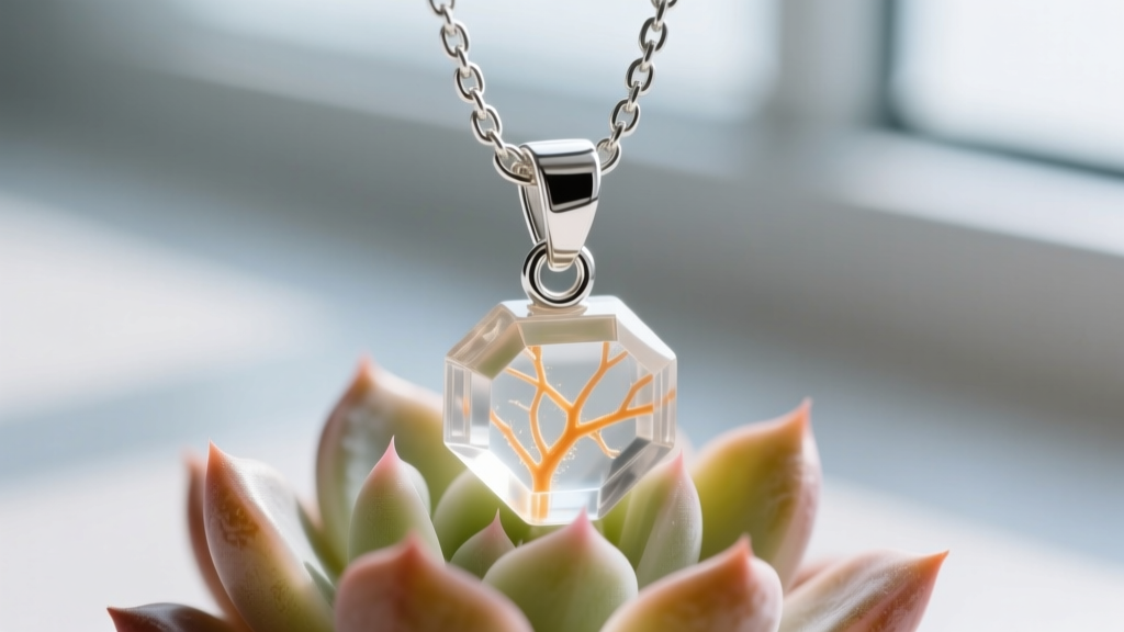 Loupe view of a 1.5mm sterling silver box chain bail on a resin succulent pendant, highlighting the secure soldered jump ring.
