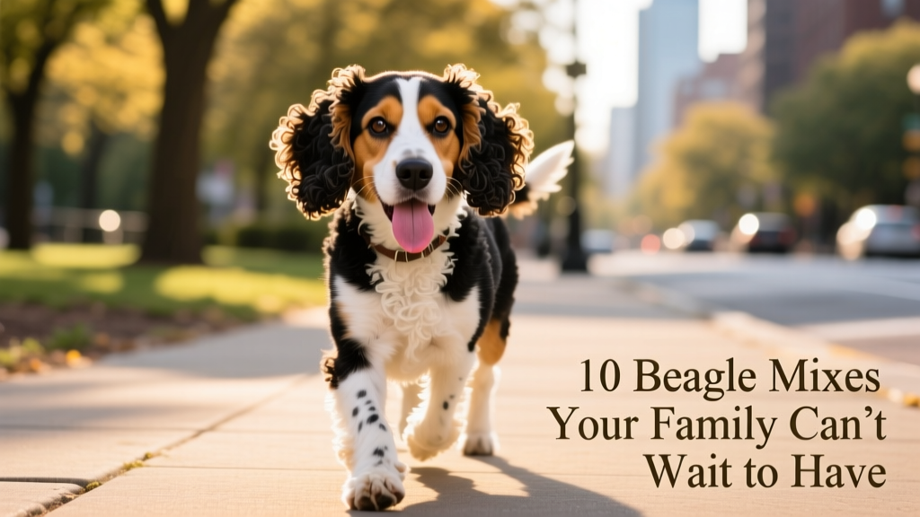 beagle poodle mix with a poodle coat and beagle coloring on a walk with its tongue out