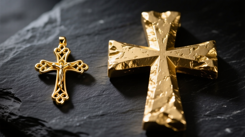 Side-by-side macro shot comparing an 8mm micro gold cross and a 50mm brutalist textured gold cross on a dark slate surface