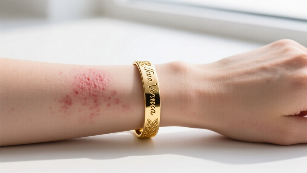 Wrist showing mild allergic contact dermatitis next to a custom-cast gold vermeil nameplate bracelet on a clean white background