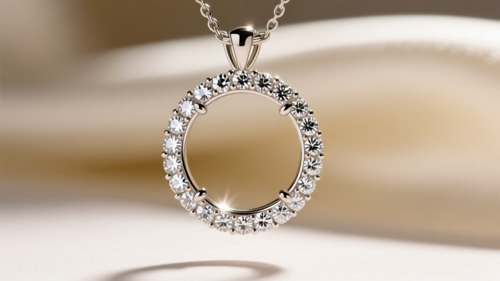 Macro shot of a diamond halo pendant basket showing micro-pave melee stones and a four-prong setting against a blurred background