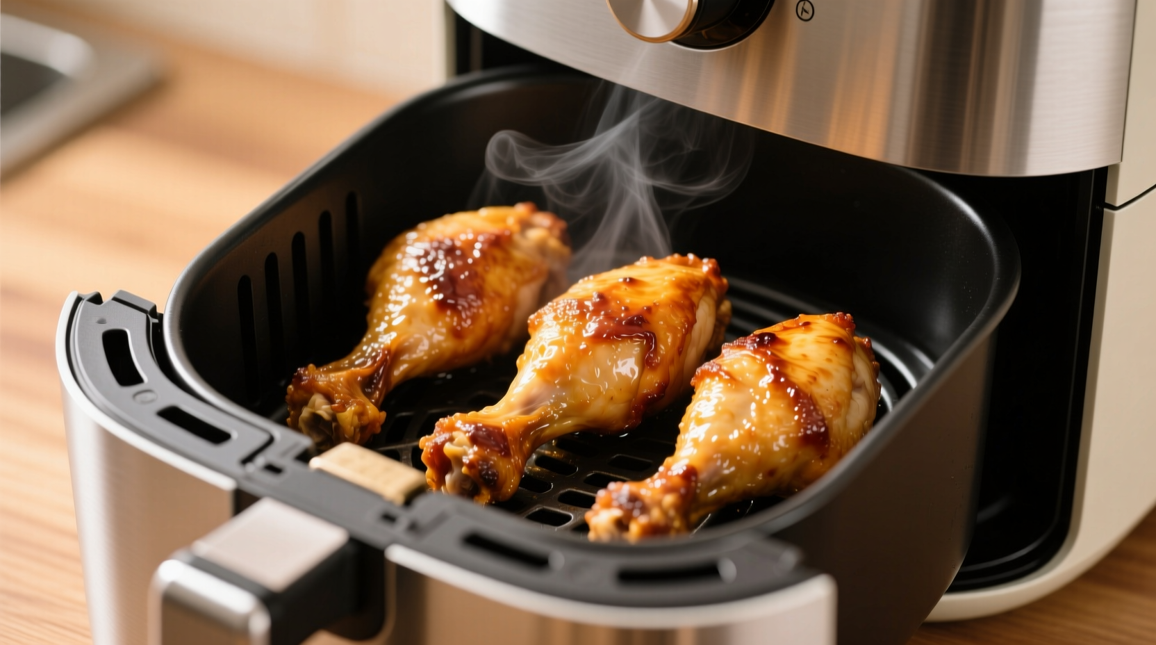 Golden brown chicken drumsticks in air fryer basket