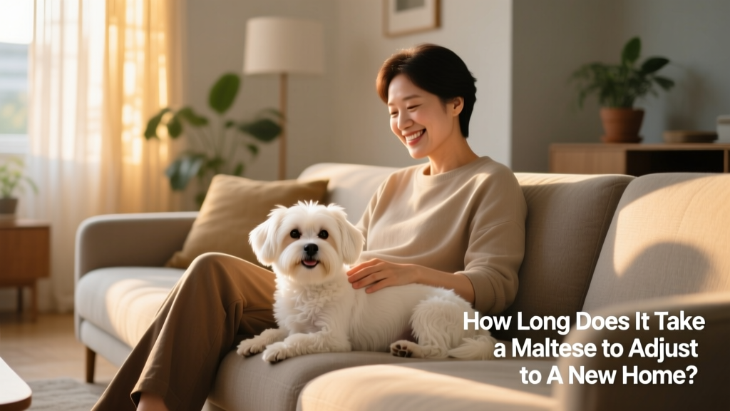 A smiling Maltese sitting beside their owner on a sofa, both looking relaxed and connected