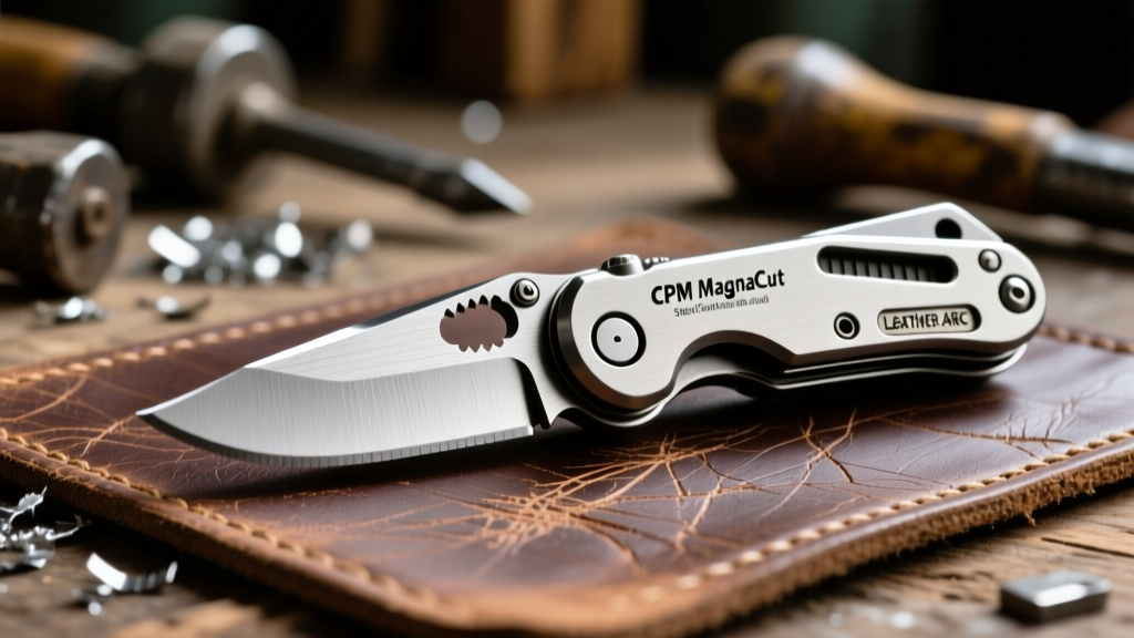 Close-up of CPM MagnaCut steel blade edge on a Leatherman ARC multi-tool resting on a scratched leather workshop mat