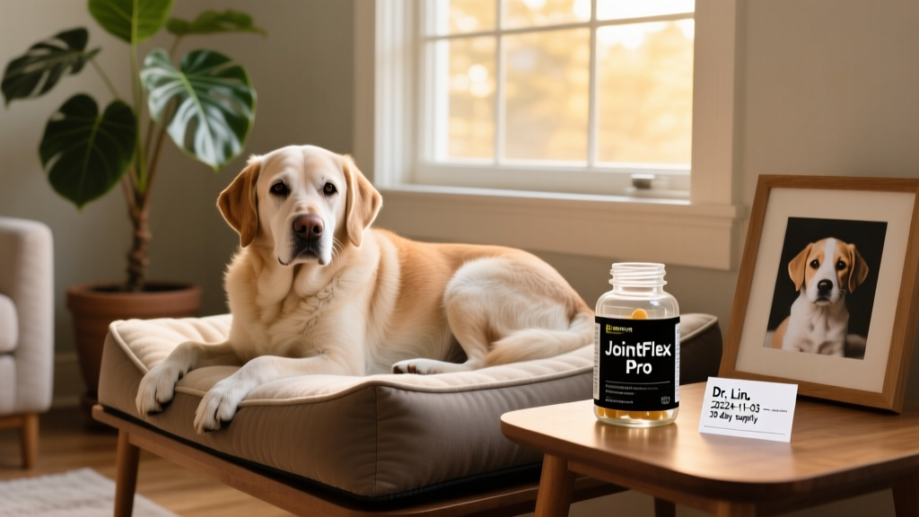 A calm senior dog resting on an orthopedic bed beside a bottle of joint supplements and a vet prescription label
