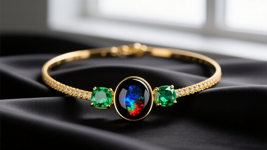 Close-up of an 18k yellow gold necklace featuring a bezel-set Australian black opal flanked by two vivid green emeralds on silk.