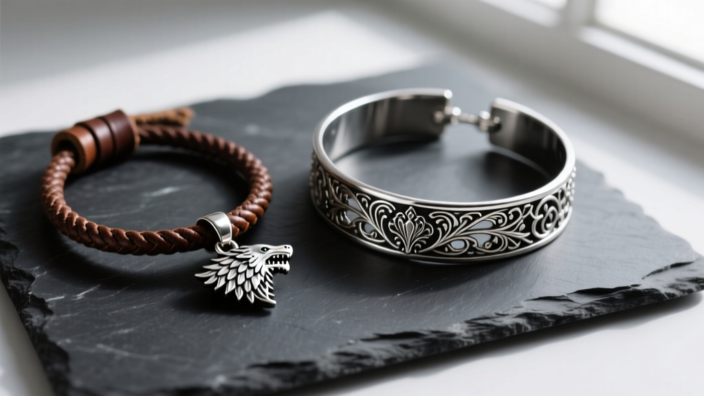 Flat lay of a leather cord direwolf pendant and an ornate silver Queen collar on a dark slate surface with soft lighting