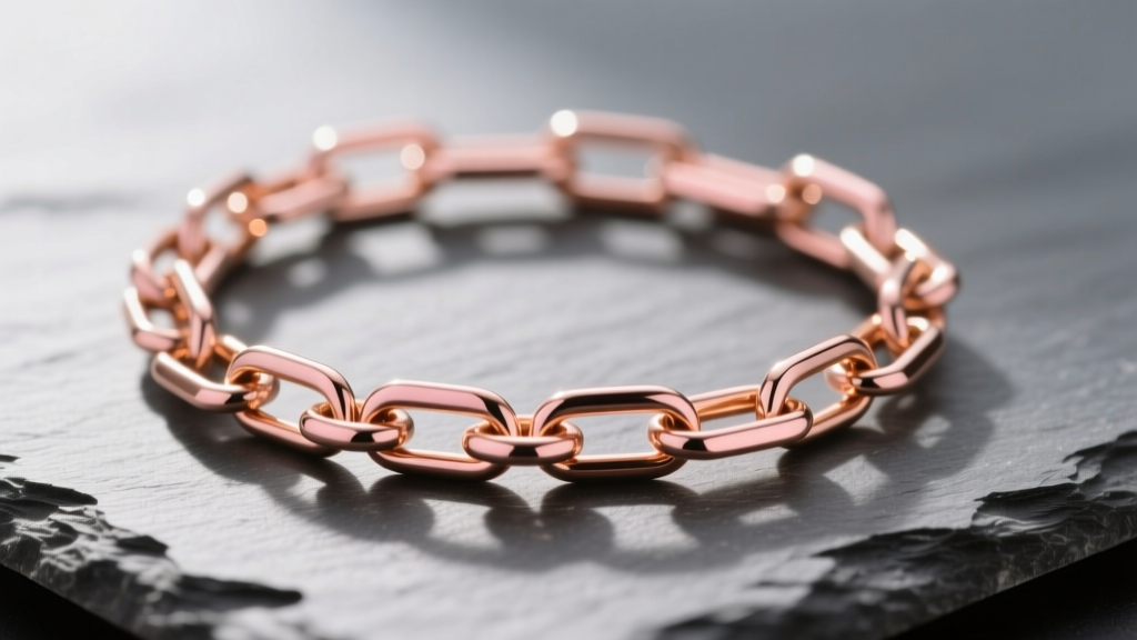 Solid 14k rose gold paperclip chain on slate, lit by soft morning sun to highlight its warm copper and pink metallic undertones