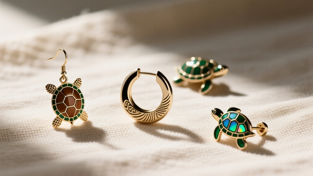 Flat lay of three turtle earring styles including a dangle, huggie, and stud, arranged neatly on a textured natural linen fabric
