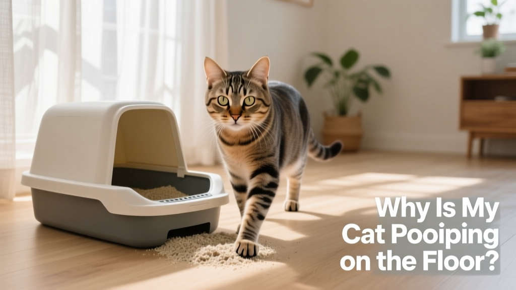 Happy cat confidently stepping into a clean, spacious litter box with soft lighting and no lid