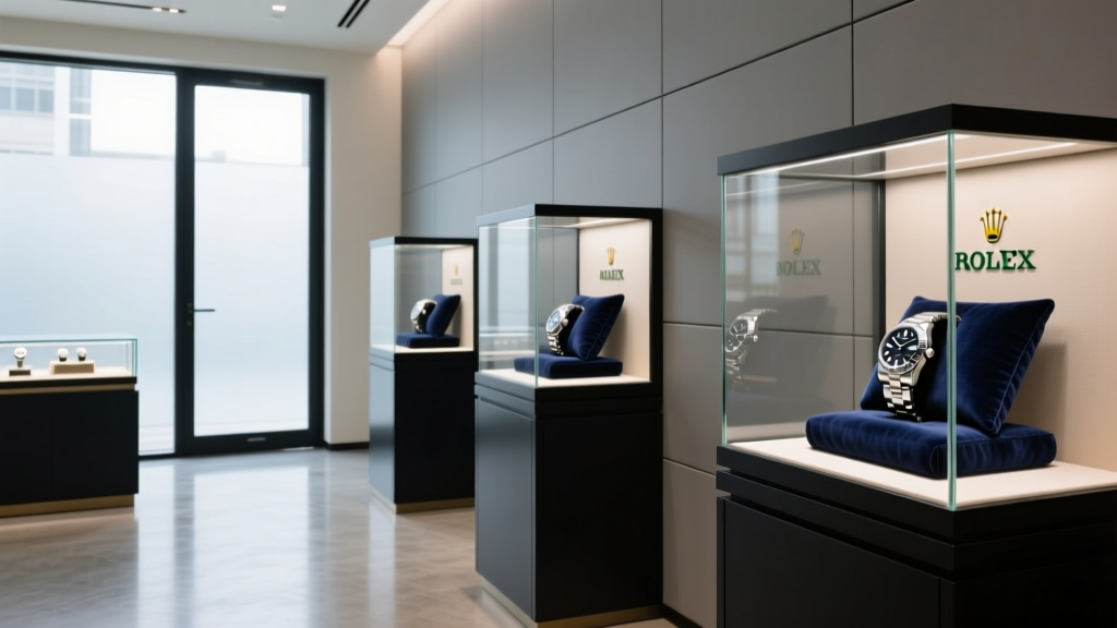 Elegant Rolex authorized dealer showroom interior with glass cases displaying stainless steel watches on dark velvet.