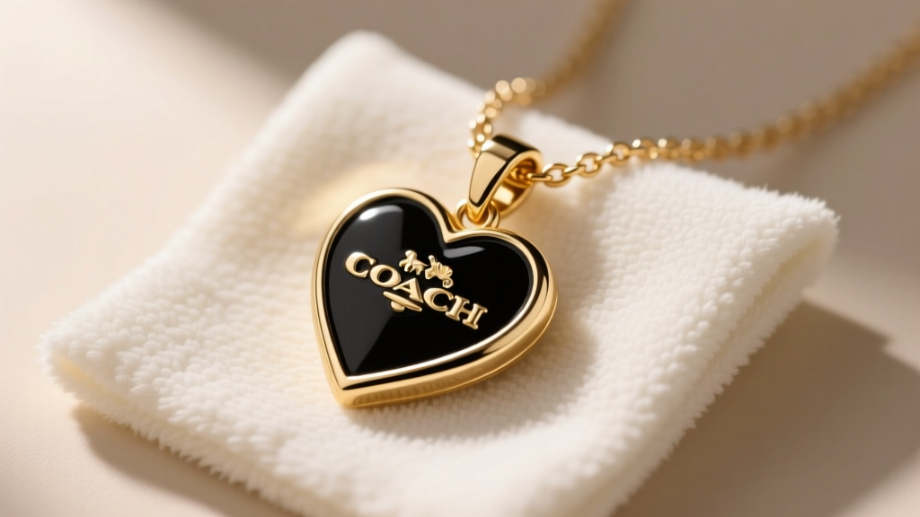 Close-up of a gold-tone plated brass Coach heart pendant necklace with black enamel resting on a soft microfiber cleaning cloth.