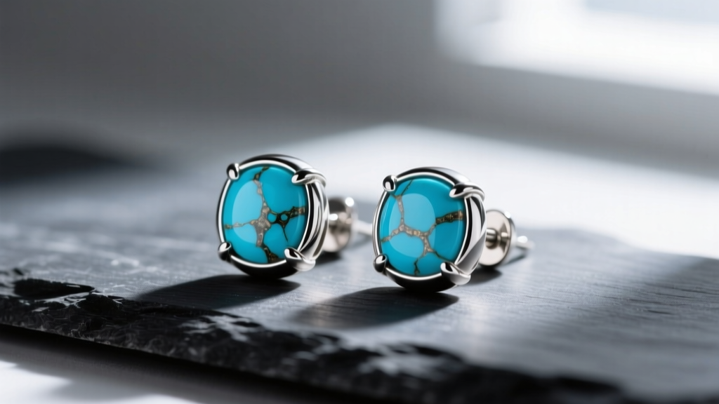 Sterling silver turquoise stud earrings on dark slate, highlighting the vivid blue stone matrix and polished metal bezel setting.