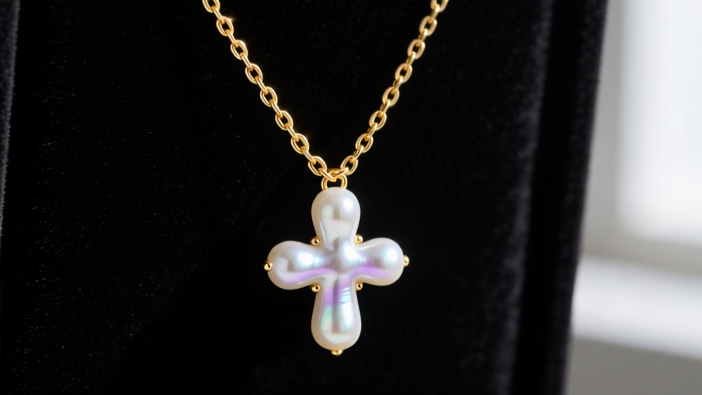 Close-up of a luminous white Akoya pearl cross pendant hanging on a delicate 18k yellow gold rolo chain against dark velvet.