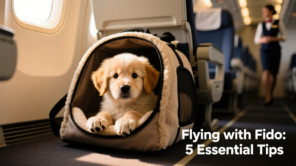A small puppy nestled comfortably inside a soft-sided carrier under an airplane seat