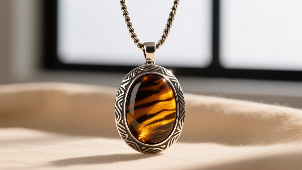 Heavy vintage tiger eye pendant secured in a thick oxidized sterling silver bezel setting attached to a sturdy 3mm wheat chain
