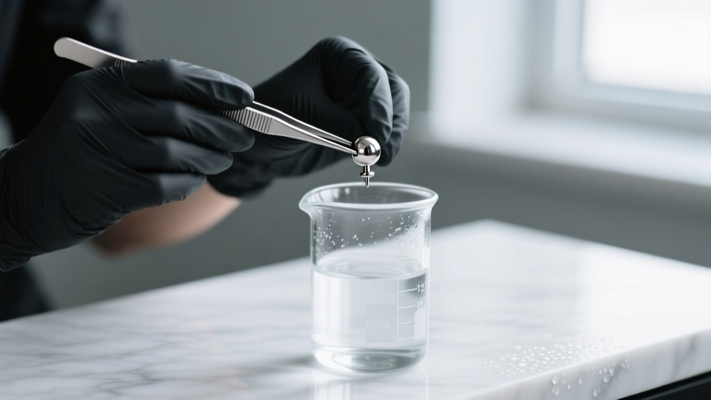Hands in black nitrile gloves using tweezers to lift a sterilized titanium septum clicker from a glass beaker of distilled water