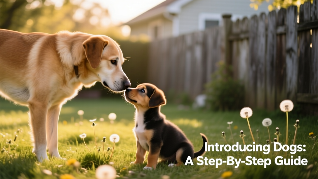 An adult dog calmly sniffing the head of a curious puppy during a supervised outdoor introduction