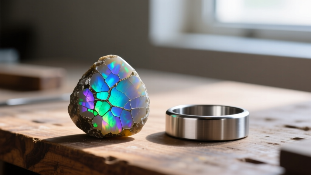 Macro shot of a cracked Ethiopian opal showing internal crazing next to a polished steel bezel pusher tool on a wooden workbench.