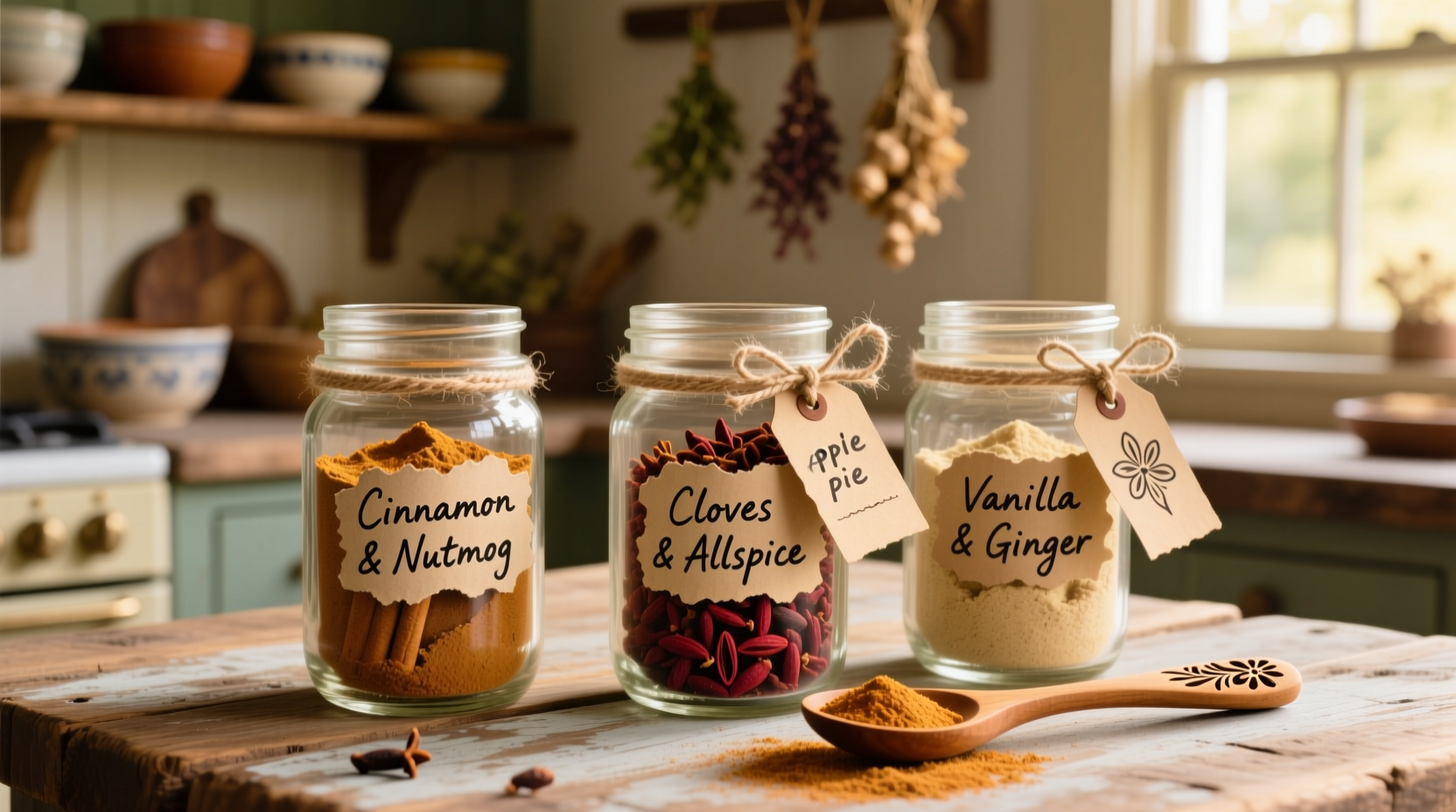 Homemade apple pie spice blend in glass jars