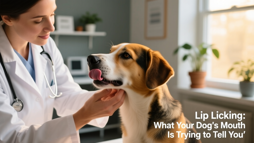 Veterinarian gently examining a dog’s mouth while the dog licks its lips calmly