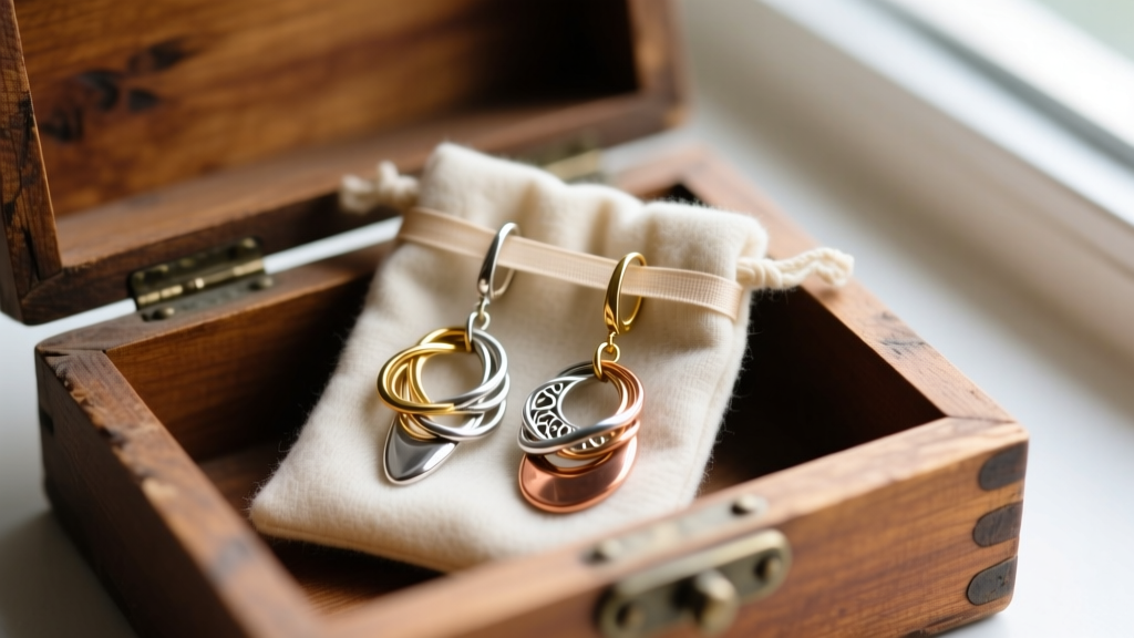 Mixed-metal dangle earrings stored inside an anti-tarnish felt pouch with a protective strip, resting inside an open wooden box.