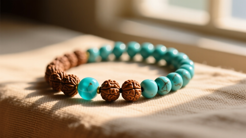Close-up of a rudraksha and turquoise mala beads necklace resting on textured linen cloth in warm, natural morning sunlight.