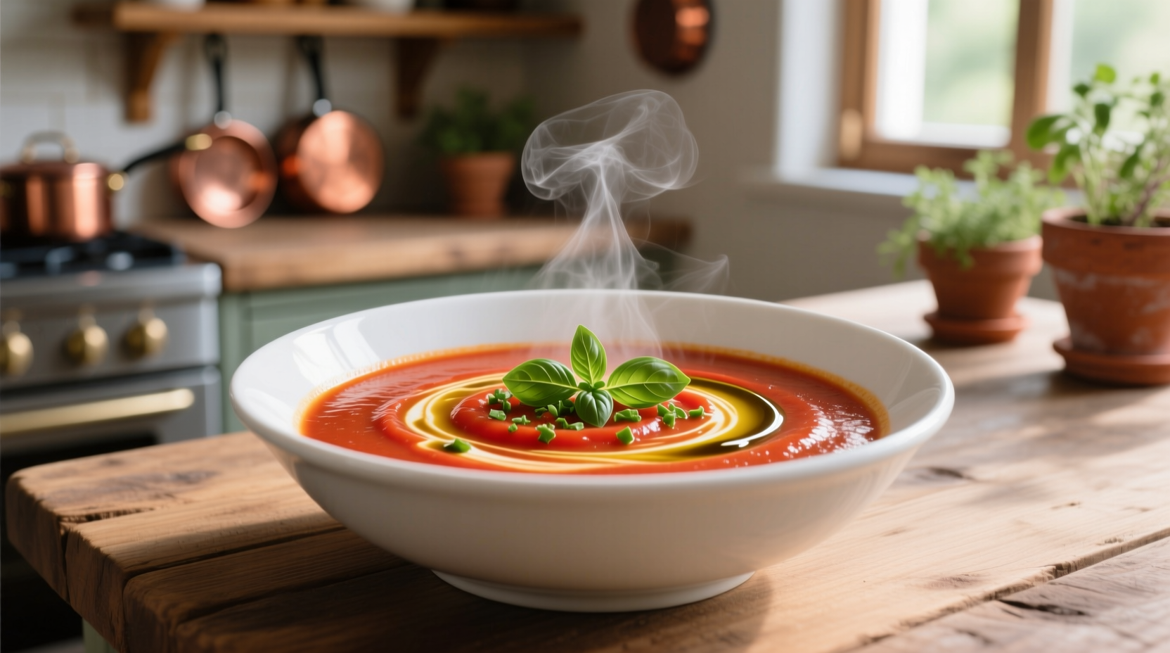 Fresh tomato basil soup in white bowl
