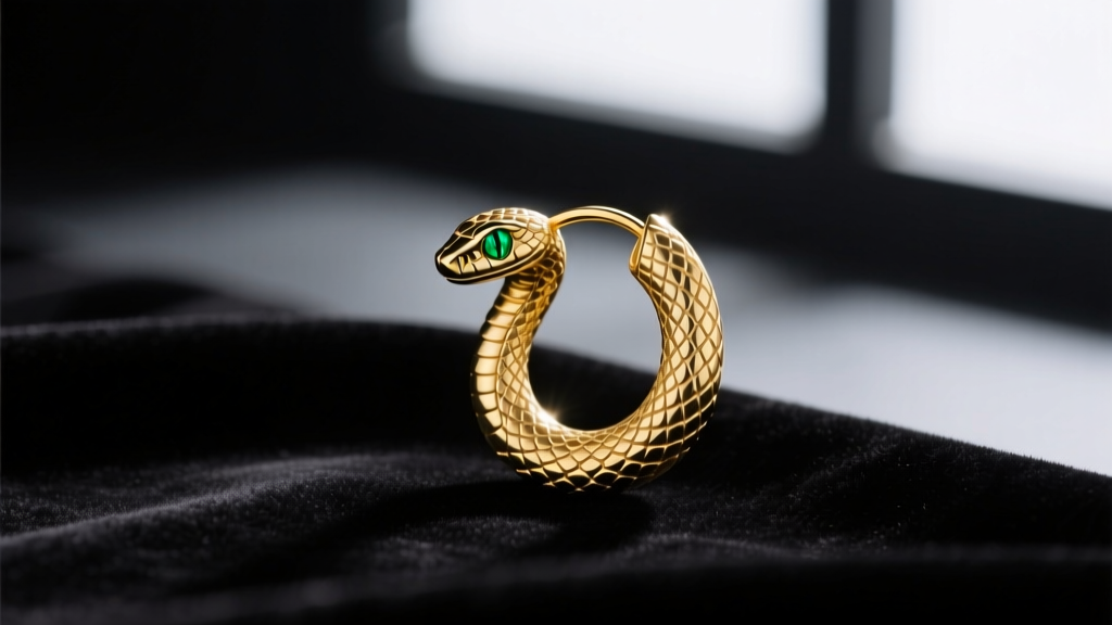 14k yellow gold hoop snake earring with emerald eyes on dark velvet, moody studio lighting highlighting intricate textured scales.