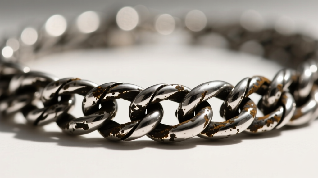Close-up of a tarnished sterling silver thatch necklace showing dark oxidation trapped in the tight woven crevices of the chain