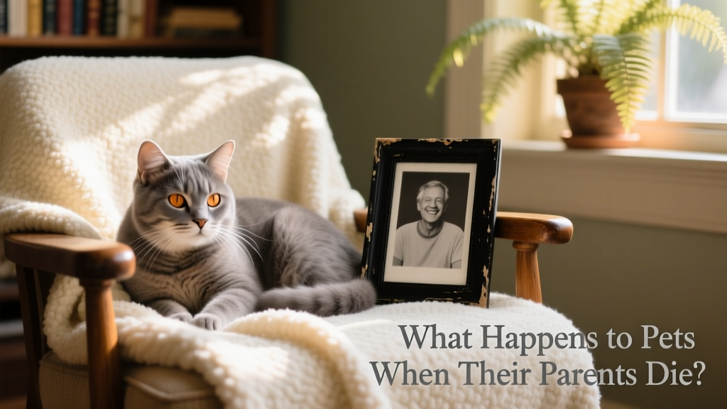 A calm senior cat resting on a cozy blanket next to a framed photo of their human companion