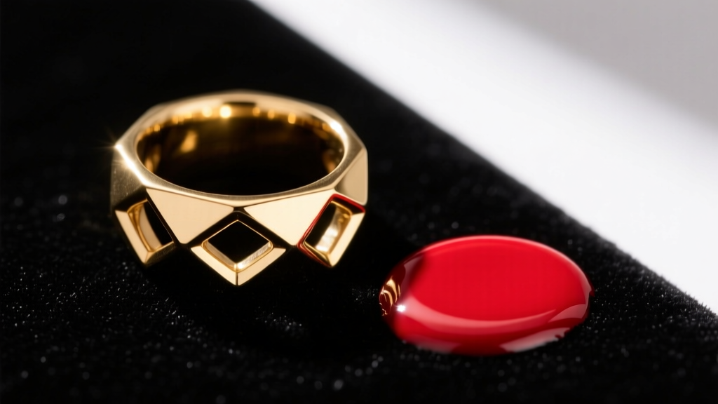 Close-up of a gold-plated brass fashion ring on dark velvet, with a small spill of vibrant red nail polish resting nearby.