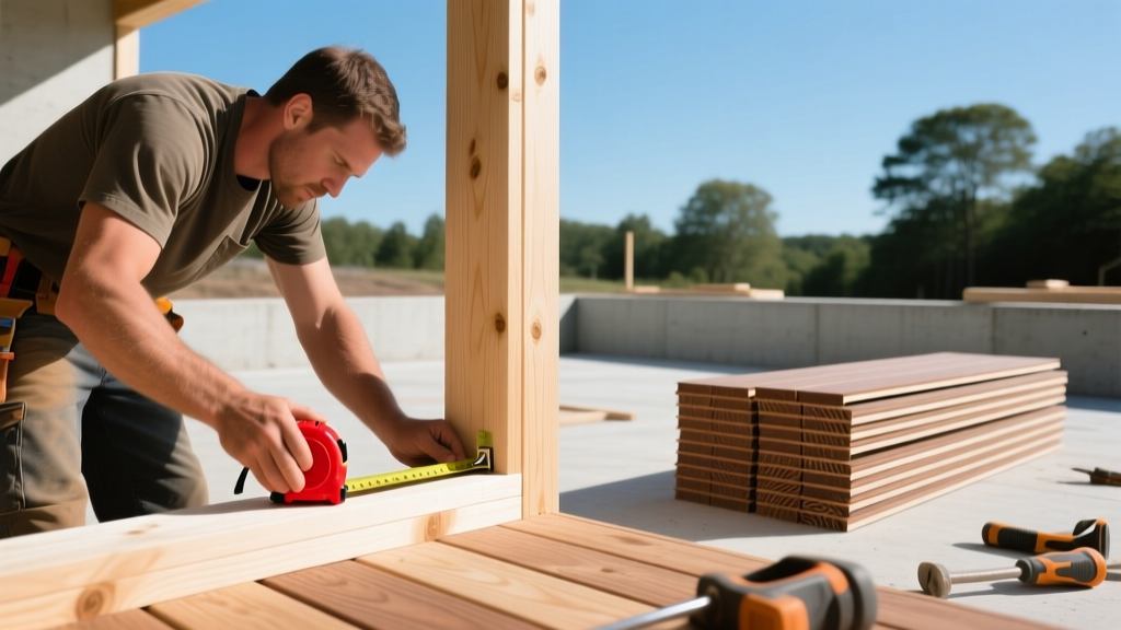Contractor measuring pressure-treated pine deck framing with a tape measure while composite decking boards are stacked nearby