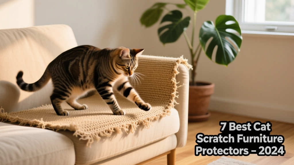 A cat gently scratching a woven sisal furniture shield draped over a neutral-toned sofa