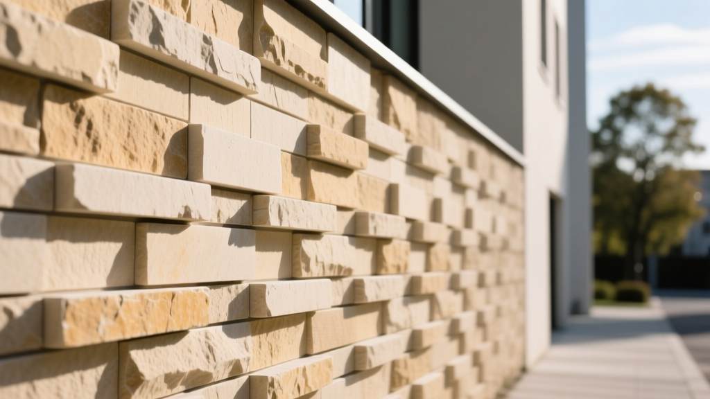 Precision-cut rectangular ashlar stone veneer in warm limestone installed in staggered horizontal courses on an exterior wall