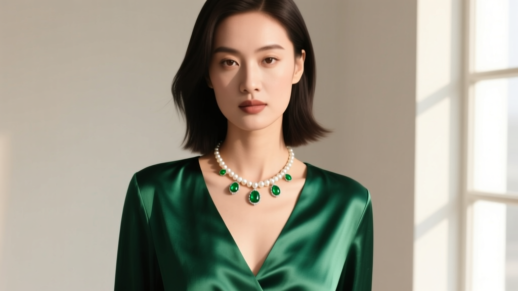 Fashion portrait of a woman in a deep V-neck emerald silk blouse, wearing a delicate pearl and emerald station choker necklace.