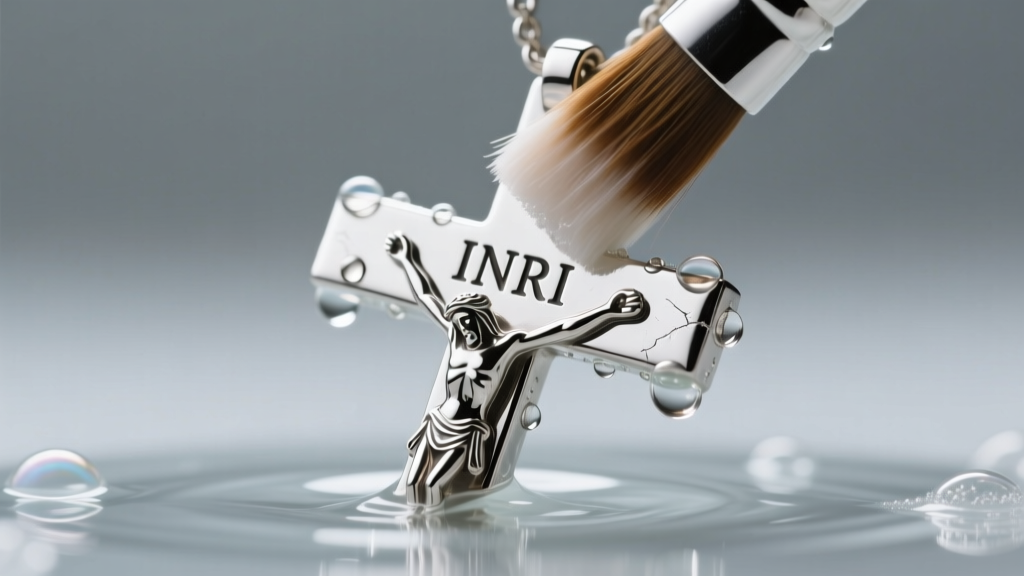 Soft brush gently cleaning the INRI scroll of a sterling silver crucifix pendant submerged in mild soapy water, macro view.