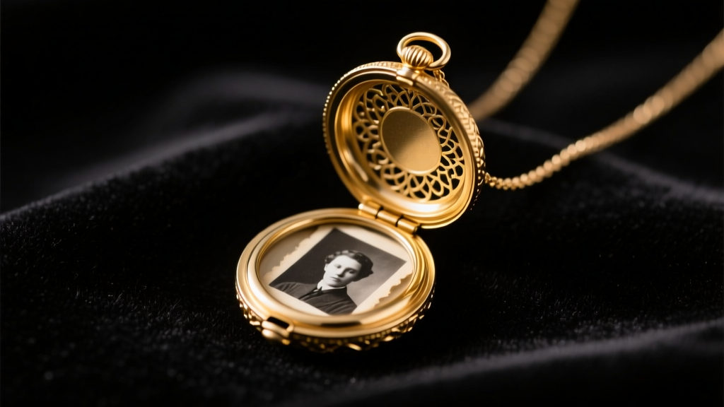Close-up of a gold locket necklace resting on dark velvet, partially open to reveal a vintage black-and-white photograph inside.