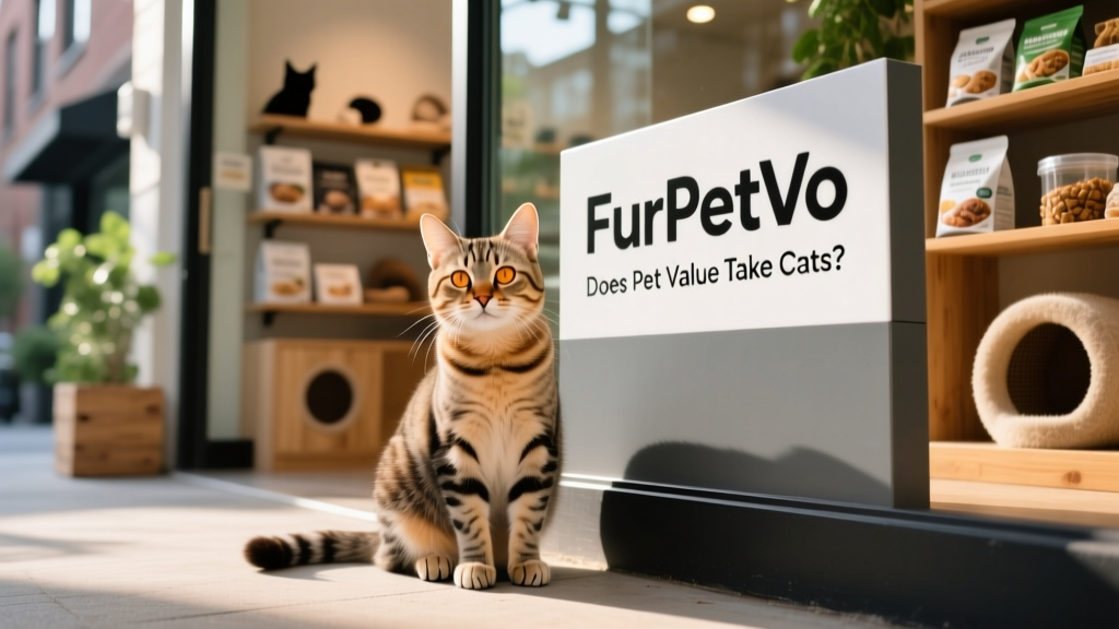 A friendly tabby cat sitting calmly beside a FurPetVo store sign