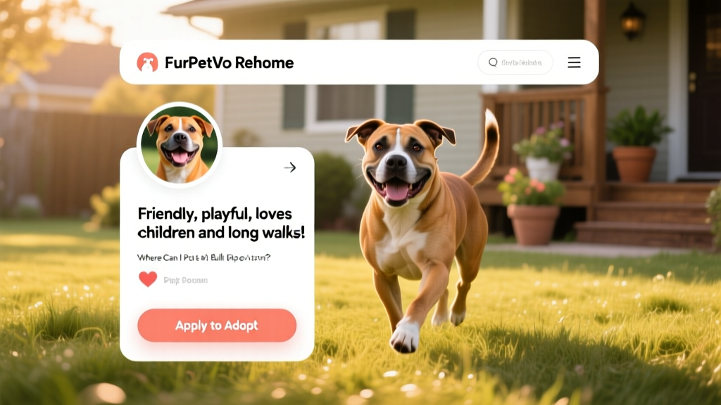 Screenshot-style mockup showing a FurPetVo Rehome profile page with a happy Pit Bull photo, bio section, and 'Apply to Adopt' button