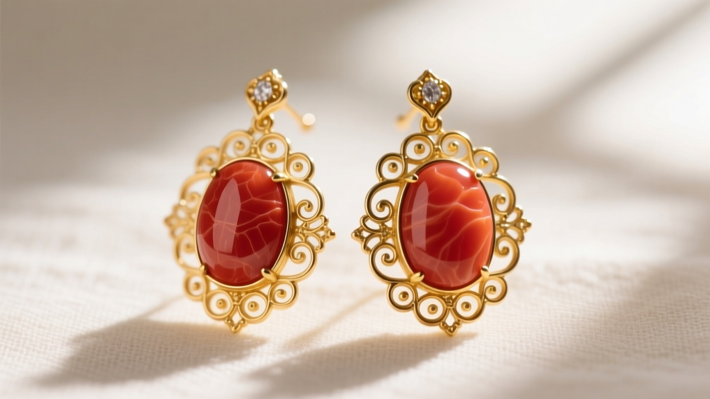 Close-up of Victorian vintage coral earrings with deep red Mediterranean coral cabochons set in 14k yellow gold filigree.