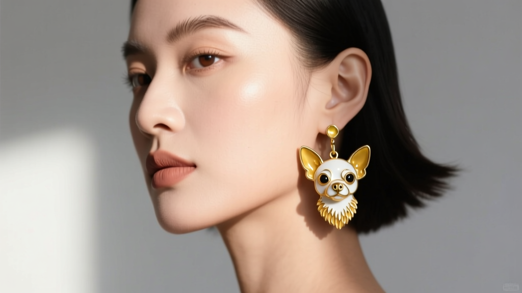 Woman wearing gold chihuahua dangle earrings with vitreous enamel, sunlight revealing the glossy glass-like finish on the metal.