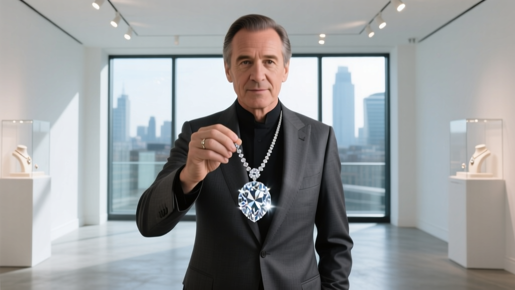 Auctioneer holding a diamond pendant under bright gallery lights during a vintage estate jewelry sale in a modern London gallery.