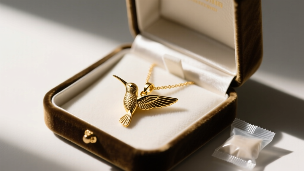 Velvet jewelry box showing a delicate gold hummingbird pendant flat on an anti-tarnish cloth beside a small silica gel packet.
