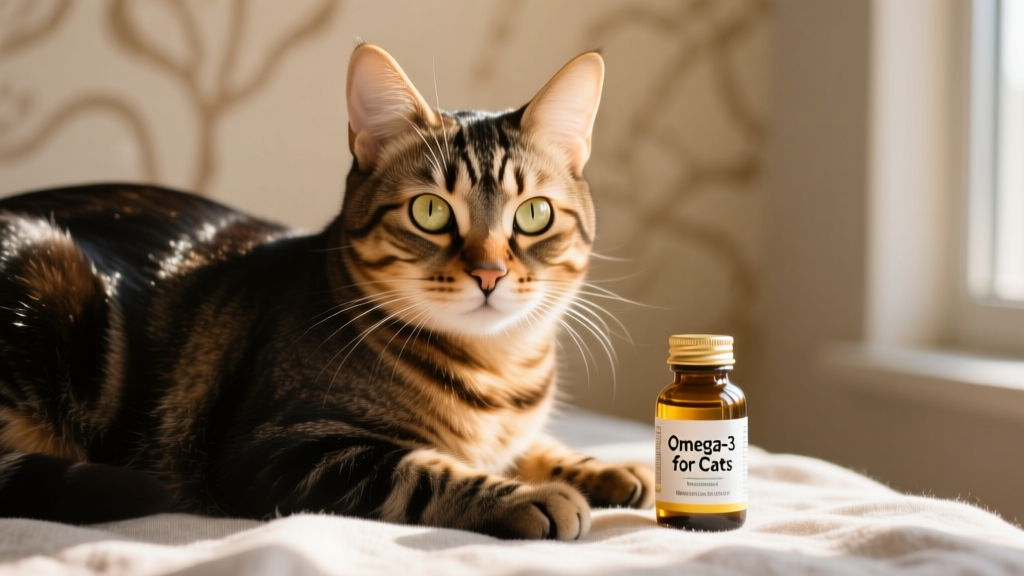 Close-up of a cat’s shiny, healthy coat next to a small bottle of fish oil supplement