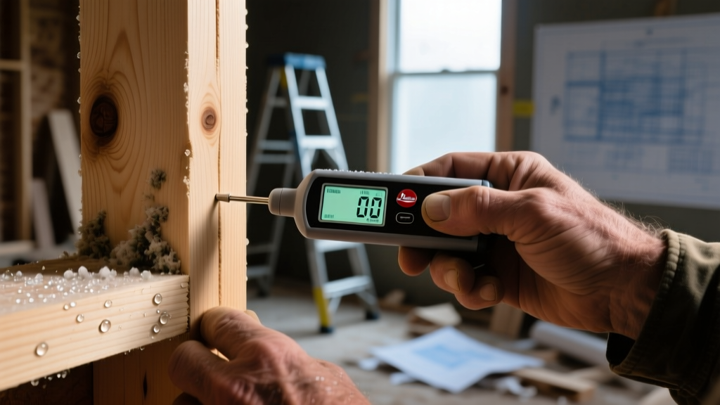 Close-up of a contractor using a pinless moisture meter on a spruce pine fir framing stud to check for hidden mold and moisture damage