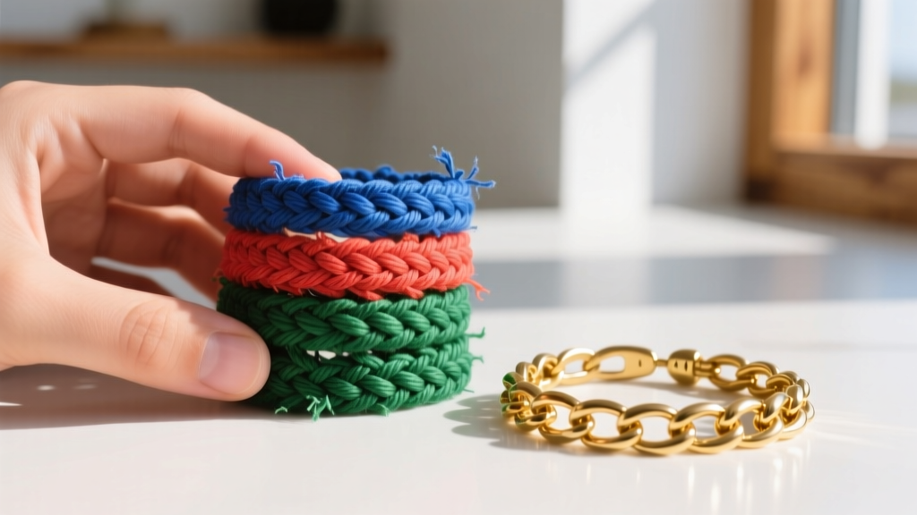 Close-up of a teen wrist stacking woven thread bracelets next to a 14k solid gold chain bracelet in warm afternoon sunlight.