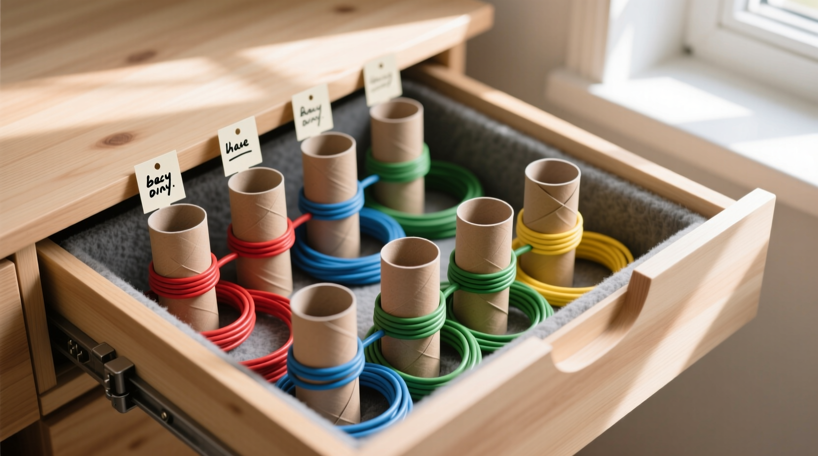 how to organize cables in a drawer using toilet paper rolls creatively